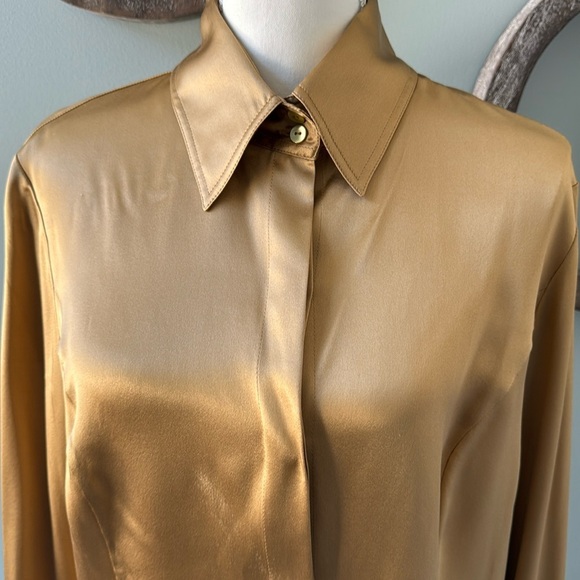 Almost new -Lafayette 148 size 14 100% silk satin gold blouse - Picture 3 of 9